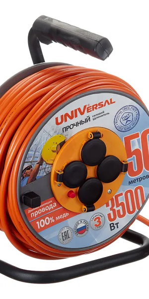 Удлинитель UNIVersal с заземлением 50 м на катушке 3,5 кВт 4 розетки ПВС 3х2,5 кв.мм IP44