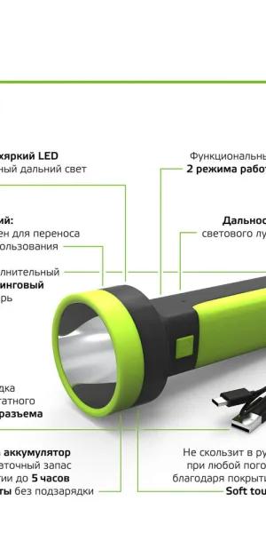 Фонарь ручной Gauss светодиодный 2 LED 3 Вт аккумуляторный Li-Ion 1200 мАч пластик 2 режима (GF203)