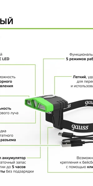 Фонарь налобный Gauss светодиодный 3 LED 5 Вт аккумуляторный Li-Ion 500 мАч пластик 5 режимов (GF406)