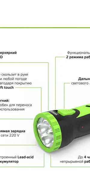 Фонарь ручной Gauss светодиодный 1 LED 1 Вт аккумуляторный Lead-acid 250 мАч пластик 2 режима (GF101)