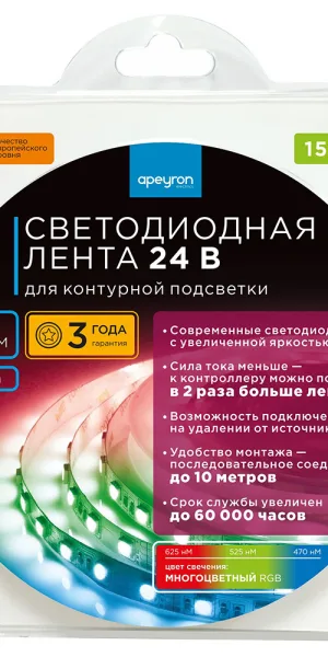 Лента светодиодная SMD 5050 RGB свет 24 В 15 Вт/м 5 м IP20 Apeyron (153КП)
