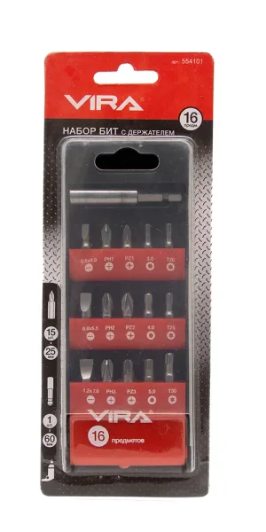 Набор бит Vira (554101) PH/PZ/SL/TORX/HEX 25 мм с магнитным держателем (16 шт.)