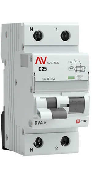 Автомат дифференциальный EKF Averes DVA-6 25А 1P+N тип AC 30 мА 6 кА (rcbo6-1pn-25C-30-ac-av)