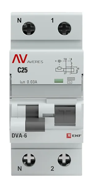 Автомат дифференциальный EKF Averes DVA-6 25А 1P+N тип AC 30 мА 6 кА (rcbo6-1pn-25C-30-ac-av)