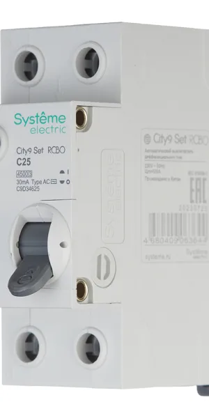 Автомат дифференциальный Systeme Electric City9 Set АВДТ 25А 1P+N тип AC 30 мА 4,5 кА (C9D34625)
