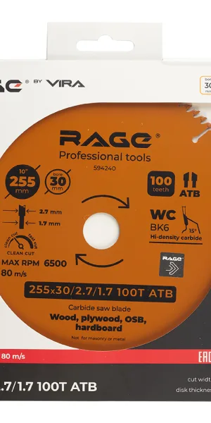 Диск пильный по дереву Rage by Vira Clean cut 255х30х1,7 мм 100 зубьев (594240)