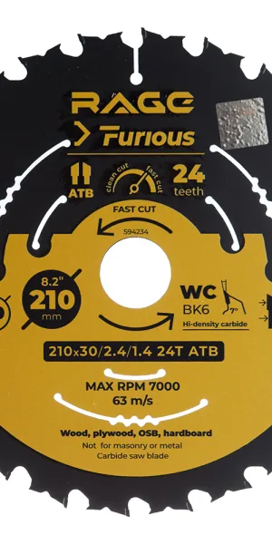 Диск пильный по дереву Rage Furious Fast cut 210х30х1,4 мм 24 зуба (594234)