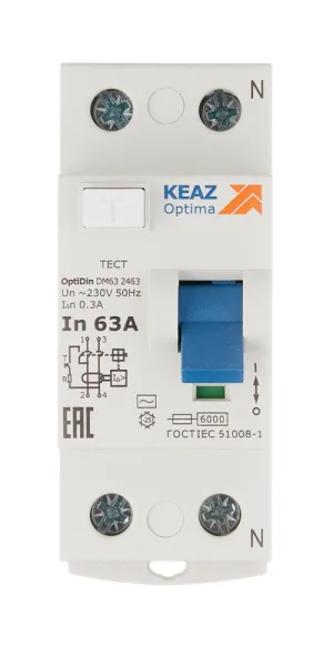 УЗО КЭАЗ OptiDin DM63 63А 1P+N тип AC 300 мА 6 кА (254188)