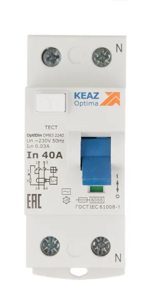 УЗО КЭАЗ OptiDin DM63 40А 1P+N тип AC 30 мА 6 кА (254176)