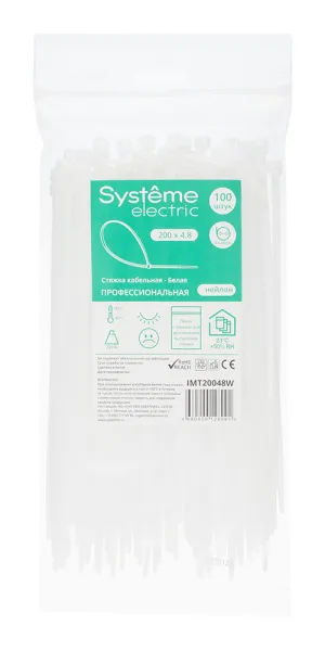 Стяжка кабельная Systeme Electric MultiSet 300х3,6 мм нейлоновая белая (100 шт.) (IMT30036W)