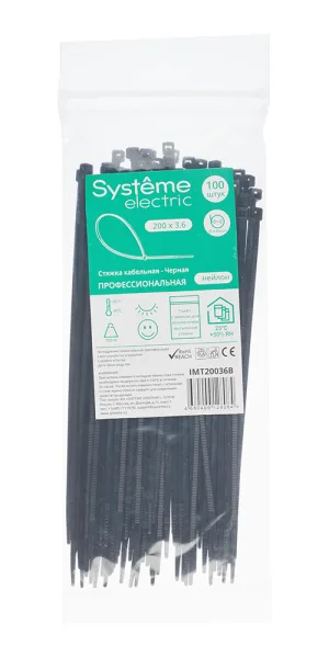 Стяжка кабельная Systeme Electric MultiSet 200х3,6 мм нейлоновая черная (100 шт.) (IMT20036B)