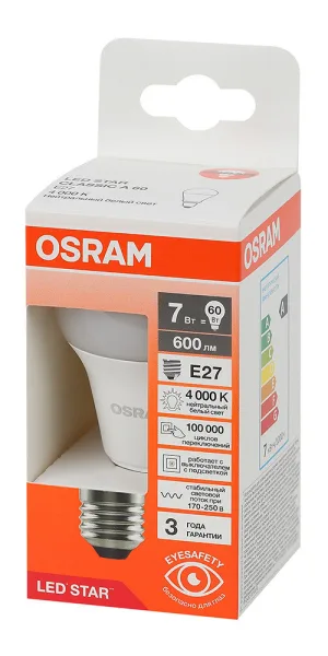 Лампа светодиодная Osram E27 4000К 7 Вт 600 Лм 230 В груша A60 матовая