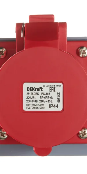 Розетка силовая угловая настенная Dekraft РС-103 с заземлением 3P+N+PE 3 фазы 32 А 380 В IP44 красная (26195DEK)