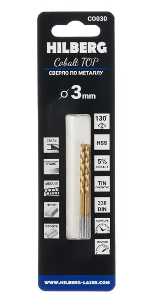 Сверло по металлу спиральное Hilberg 3х61 мм кобальтовое (2 шт.) (CO030)