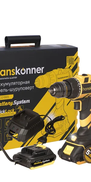 Дрель-шуруповерт аккумуляторная бесщеточная Hanskonner HCD1865 18 В 2 Ач Li-Ion 2 АКБ и ЗУ