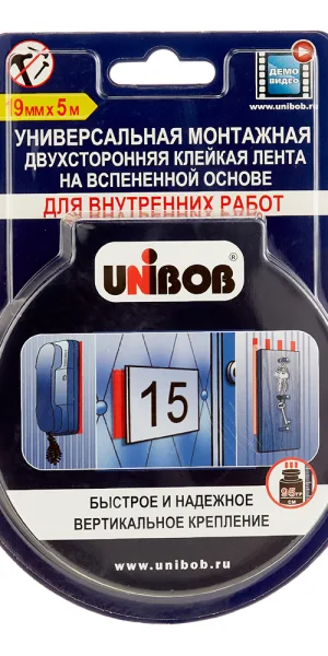 Лента клейкая монтажная для внутренних работ Unibob двусторонняя 19 мм 5 м
