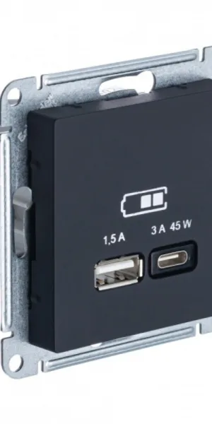Розетка USB Systeme Electric AtlasDesign встраиваемая карбон USB-A/ Type-C (ATN001029)