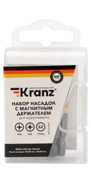 Набор бит Kranz (KR-92-0461) PH2/PZ2 50 мм с магнитным держателем (4 шт.)
