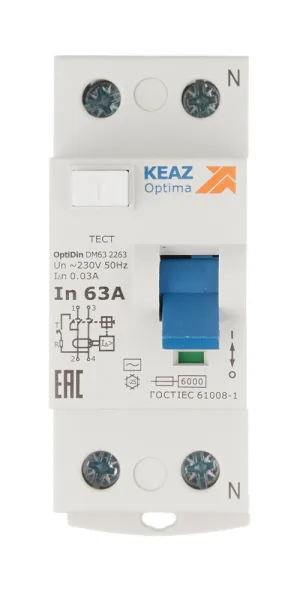 УЗО КЭАЗ OptiDin DM63 63А 1P+N тип AC 30 мА 6 кА (254186)
