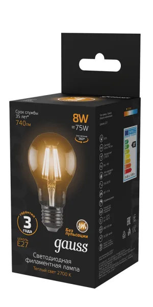 Лампа светодиодная филаментная Gauss Filament E27 2700К 8 Вт 740 Лм 185-265 В груша A60 прозрачная