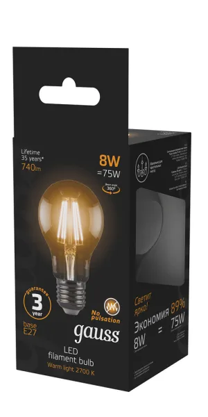 Лампа светодиодная филаментная Gauss Filament E27 2700К 8 Вт 740 Лм 185-265 В груша A60 прозрачная