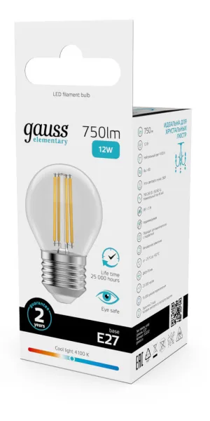 Лампа светодиодная филаментная Gauss Filament E27 4100К 12 Вт 750 Лм 190-240 В шар G45 прозрачная