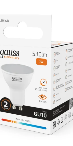 Лампа светодиодная Gauss GU10 3000К 7 Вт 530 Лм 180-240 В софит матовая