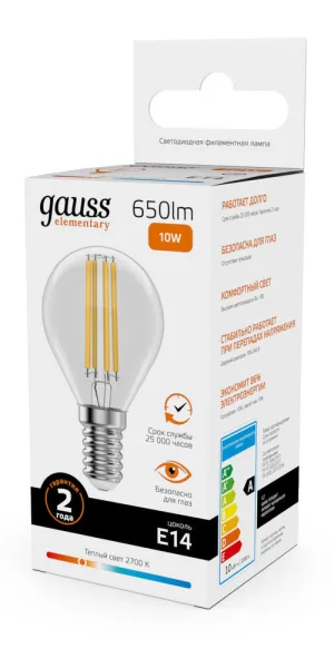 Лампа светодиодная филаментная Gauss E14 2700К 10 Вт 650 Лм 190-240 В шар прозрачная