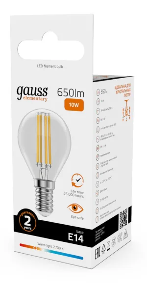 Лампа светодиодная филаментная Gauss E14 2700К 10 Вт 650 Лм 190-240 В шар прозрачная