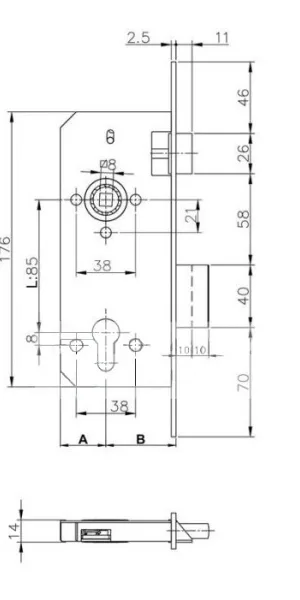 Замок врезной "Kale" 152/R 35мм, без личинки
