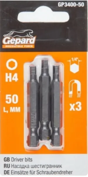 Насадка шестигранник H4, 4мм 1/4" 50мм 3шт GEPARD, под конфирмат, GP3400-50