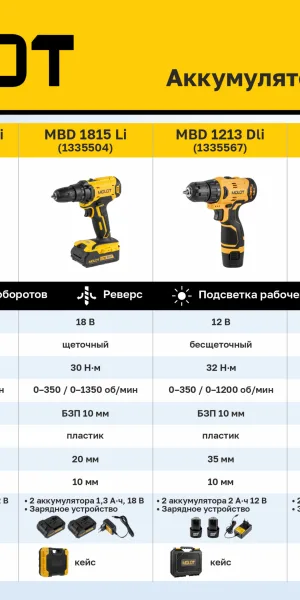 Дрель аккумуляторная Шуруповерт MOLOT MBD 1213 DLi 12В, 32Н*м, 2х2А*ч кейс 1335567