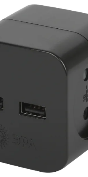 Разветвитель электрический ЭРА SP-2-USB-B на 2 розетки 220V + 2xUSB 2400mA, Б/З 10А чёрный Б0049535