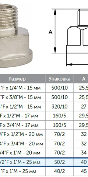 Переходник латунный 1"1/2гайка х1"штуцер (40х25мм)