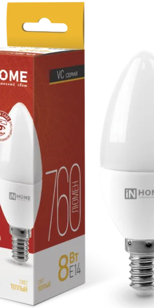 Лампа Светодиодная LED-СВЕЧА-VC 8Вт 230В Е14 3000К 760Лм IN HOME 4690612020426