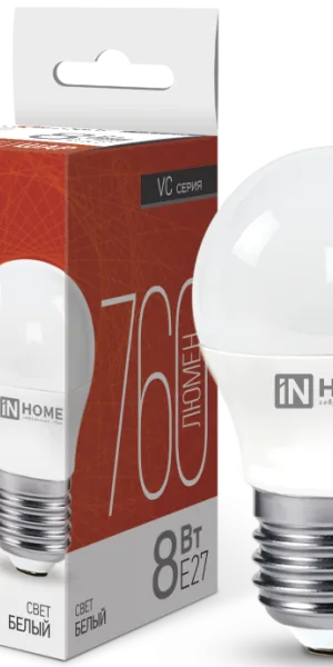 Лампа светодиодная LED-ШАР-VC 8Вт шар 4000К нейтр. бел. E27 760лм 230В IN HOME 4690612020570