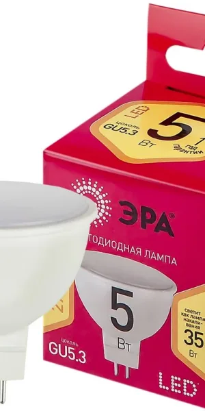 Лампа светодиодная GU5.3 5(35)W ЭРА ECO LED MR16-5W-827-GU5.3 220В тёплый свет  Б0050230