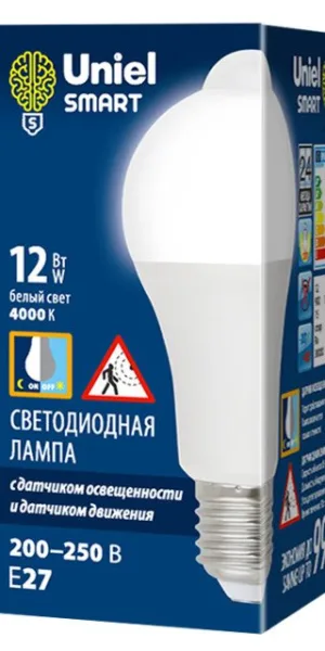 Лампа светодиодная груша 12W Uniel A60 Е-27 с датчиком освещённости и движения 4000К UL-00005713