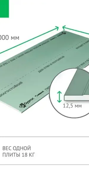 Гипсокартон влагостойкий 12.5 мм Gyproc Эрго 2000x900 мм 1.8 м²