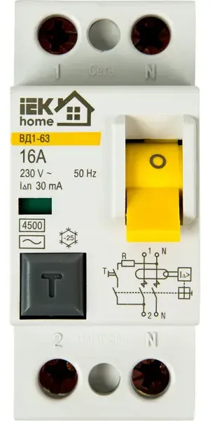 УЗО IEK Home ВД1-63 1P N 16 А 30 мА 4.5 кА AC MDV10-2-016-030