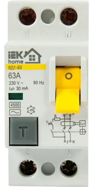 УЗО IEK Home ВД1-63 1P N 63 А 30 мА 4.5 кА AC MDV10-2-063-030