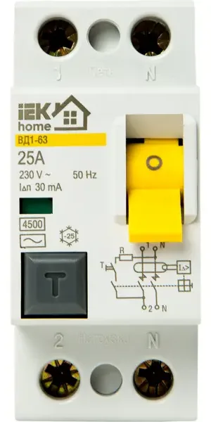 УЗО IEK Home ВД1-63 1P N 25 А 30 мА 4.5 кА AC MDV10-2-025-030