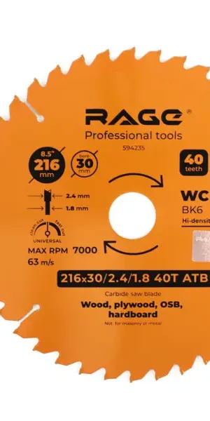 Диск пильный по дереву Rage 40Т 216x30x2.4 мм, кольца 25.4/20/16