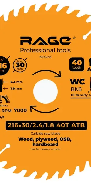 Диск пильный по дереву Rage 40Т 216x30x2.4 мм, кольца 25.4/20/16