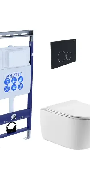 Комплект инсталляция с унитазом Aquatek Оберон безободковый с микролифтом с клавишей цвет черный