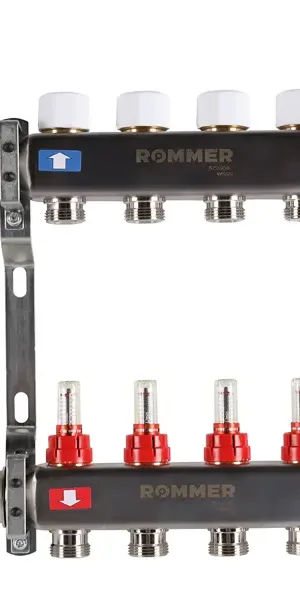 Коллектор в сборе для теплого пола Rommer 1"x3/4" 4 выхода нержавеющая сталь RMS-1210-000004