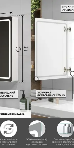 Шкаф зеркальный Easy Led подвесной с подсветкой 50x70 см цвет белый