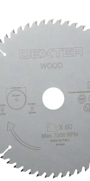 Диск пильный по дереву Dexter FD-E032163060T 60Т 216x30x1.5 мм, кольца: 20 и 25.4