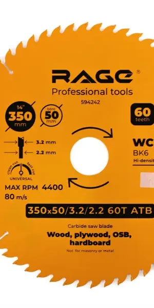 Диск пильный по дереву Rage 60Т 350x50x3.2 мм, кольцо 30