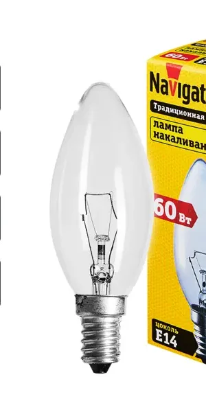 Лампа накаливания Navigator E14 230 В 60 Вт свеча прозрачная 660 лм теплый белый цвет света